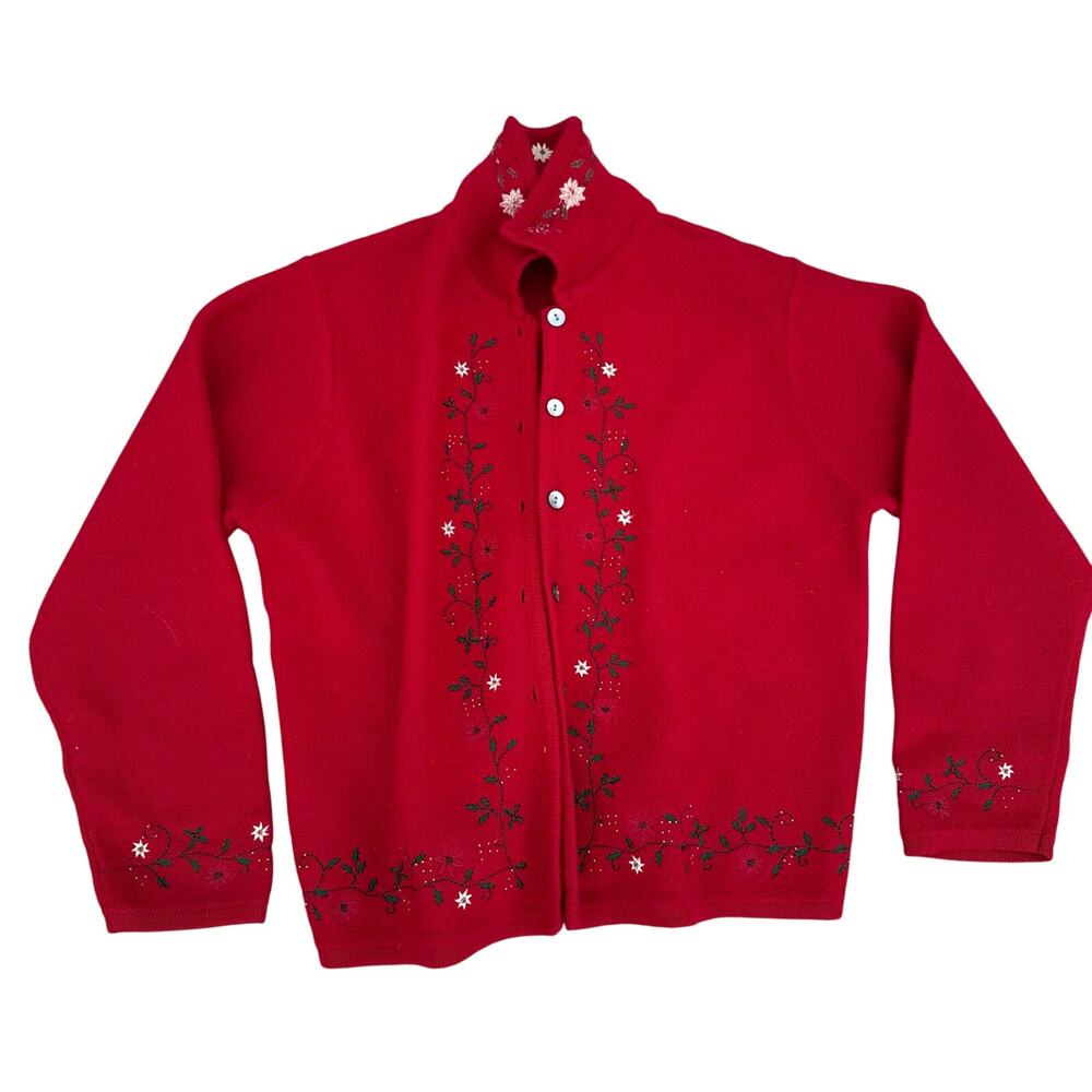 Vintage Karen Scott Christmas Sweater 100% Wool Embroidery Poinsettia Holly Sz L